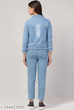 Star light blue denim women's jacket & jogger set - solid pattern, long sleeves, size S-XL from India