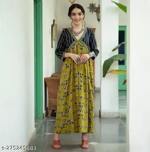 Green rayon printed Anarkali kurti for women's ethnic wear, perfect for parties