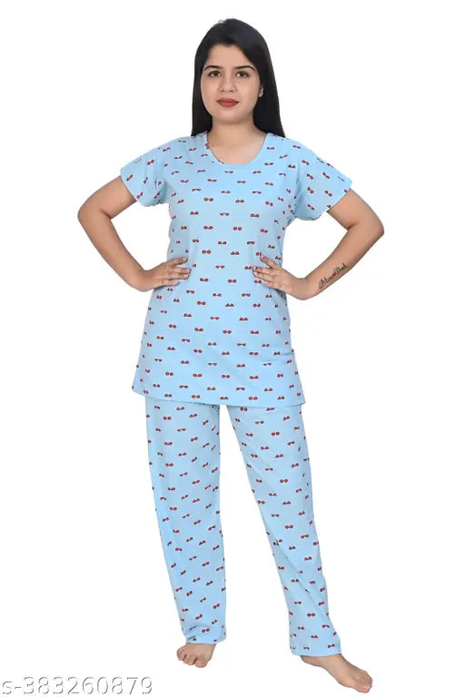 SkyBlue women's printed cotton-blend night suit set, featuring top and pajama combo for ultimate comfort and chic style