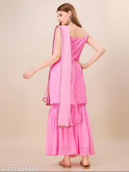 Georgette embroidered pink Sharara suit, sleeveless with dupatta, India-made, hot selling everwear for women