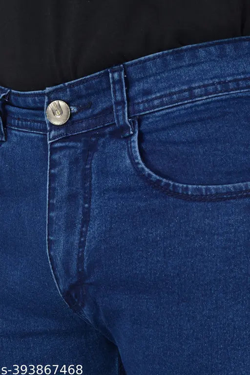 Dark blue denim slim jeans for men's casual wear, high quality fabric, comfortable fit and durable design