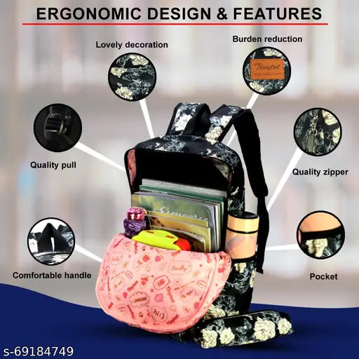 Black polyester Tinytot backpack, 20L, 18 inches - perfect for school/college travel, durable design with zipper closure