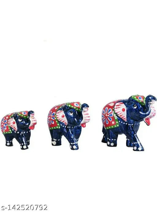 Blue resin elephant statue set of 3 for home decoration - small: 8x5.5cm, medium: 8x7cm, large: 10x8cm, handcrafted in India
