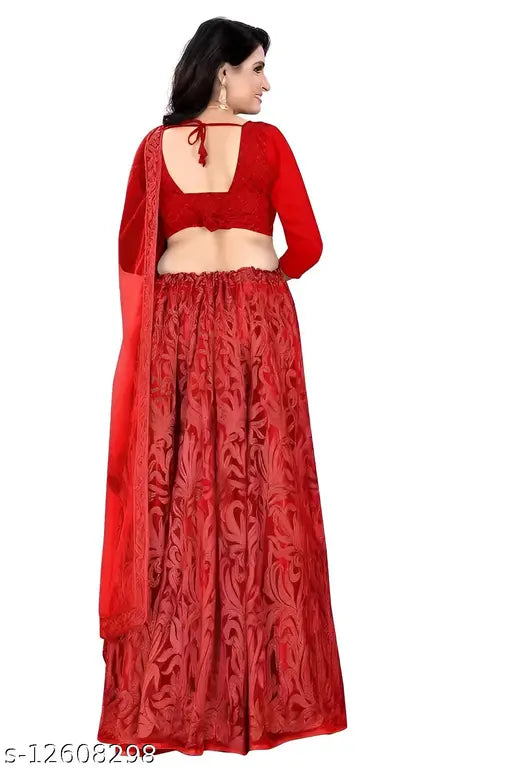 Embroidered taffeta silk lahenga set with net dupatta, semi-stitched, India