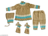 Handmade striped wool newborn baby girls frock set with cap & booties - Indian craftsmanship