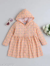 Cotton kids hoodie for girls with printed net pattern, long sleeves. Size options: 0-6M, 6-12M, 12-18M, 18-24M. Origin: India