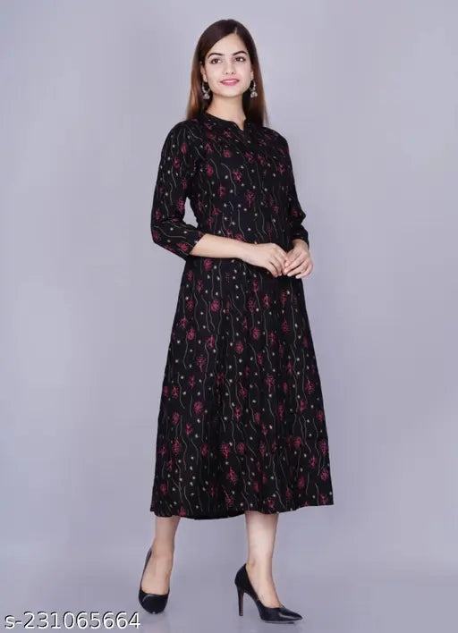 Rayon three-quarter sleeve printed Anarkali trending kurtis, vibrant Indian ethnic wear for M (38"), L (40"), XL (42"), XXL (44"), XXXL (46") bust sizes