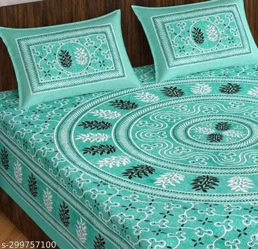 Jaipuri cotton double bed sheet, 2 x 90x100 pillow covers, ethnic motifs. Upgrade bedroom decor with Indian-made quality linens