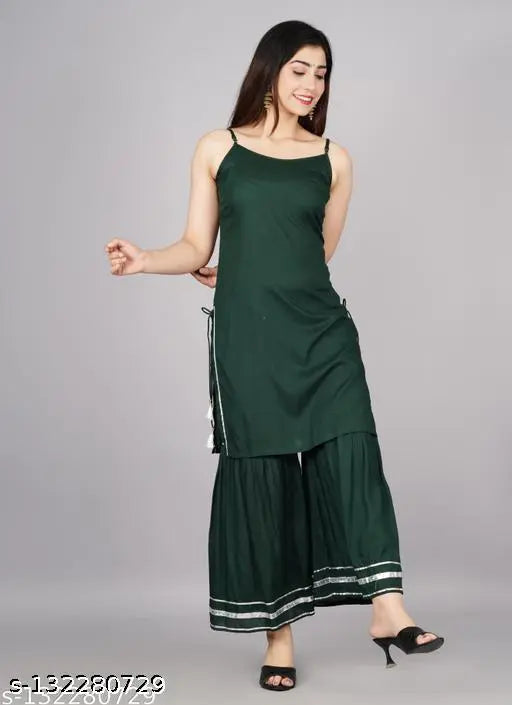 Rayon noodle strap kurta pent set with sharara bottomwear, sleeveless and solid pattern, available in S, M, L, XL, XXL sizes from India