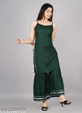 Rayon noodle strap kurta pent set with sharara bottomwear, sleeveless and solid pattern, available in S, M, L, XL, XXL sizes from India