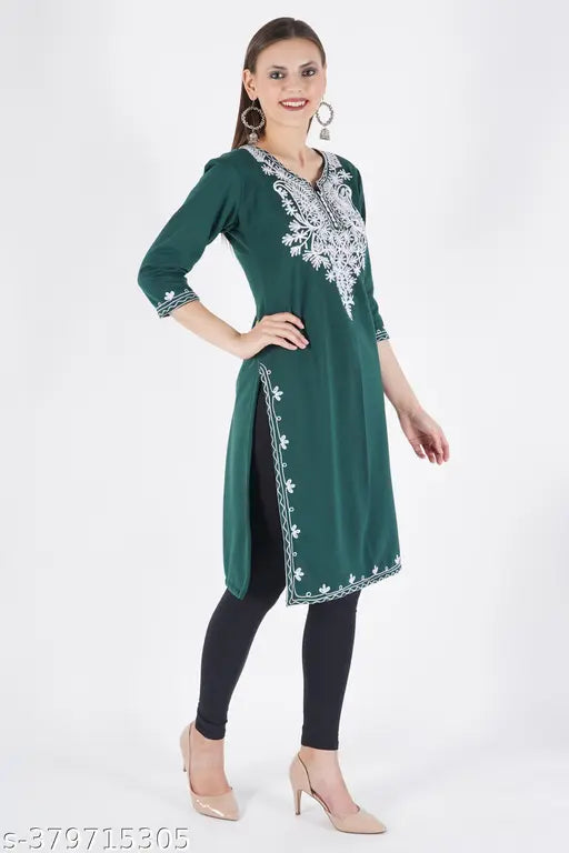 Wool embroidered winter kurti for women, size L (Bust 40in, Length 42in) - premium Indian wool fabric, full-length attire coverage
