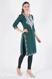 Wool embroidered winter kurti for women, size L (Bust 40in, Length 42in) - premium Indian wool fabric, full-length attire coverage