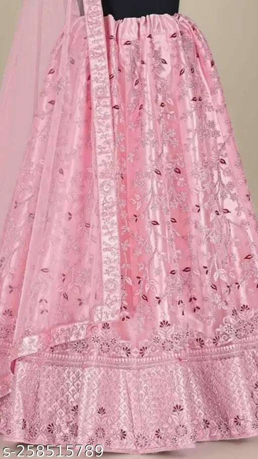 Stunning pink embroidered net party wear Lehenga Choli set with 2.5m dupatta, semi-stitched blouse. Embellished with glitter zari work for weddings and special occasions. Indian-inspired design for women's Diwali or Navratri celebrations