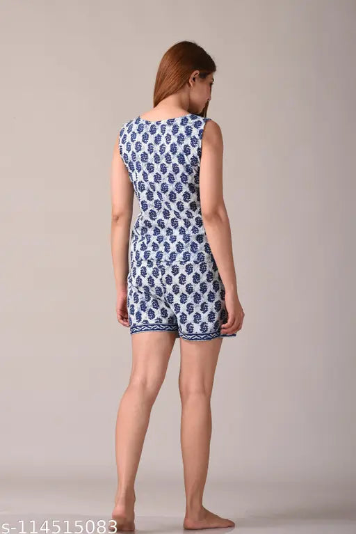 Blue printed cotton top & shorts set for women by Kannahi, ideal for sleepwear and loungewear with elastic waist and side pockets, 100% super cotton fabric, made in India