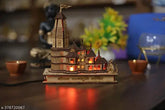 Haridwar Divine Spiritual Gifts LED Light Ram Mandir Wood - Indian Diwali decor item, intricately crafted 3D wooden model of Ayodhya's historical temple
