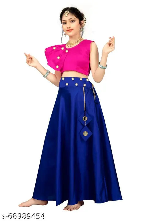 Tussar Silk Lehenga & Top Set on Indian girl, mirror work & embellished designer ethnic dress pack for kids festivals