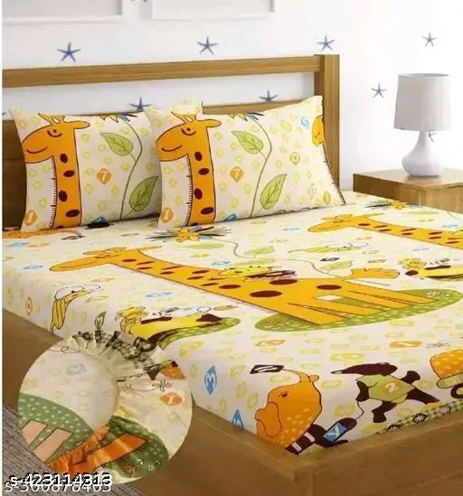 Cotton NAPS giraffe printed fitted bedsheet, superfine cartoon design for adult summer sleep on double king size, RPAH CREATIVE branded, 2 pillow covers included
