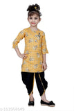 Mustard yellow designer checked Patiala suit for girls by RK Collection, cotton silk top with short sleeves and knee length, Indian ethnic wear for kids ages 3-9 years