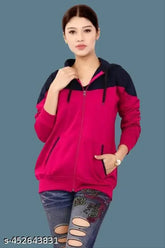 Fleece colorblocked contrast zipper hoodie jacket for women, stylish and long-sleeved, made in India