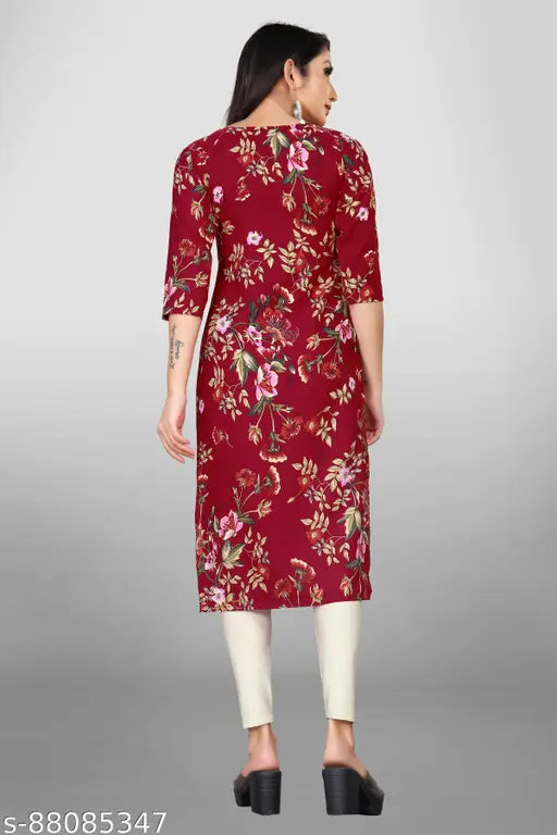 Poly crepe printed straight kurti set, three-quarter sleeves in vibrant multi-color combo. Lightweight and comfortable for women's wear. Indian origin