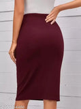 Women's solid maroon pencil skirt, polyester, wine color, Prime Love brand, on mannequin