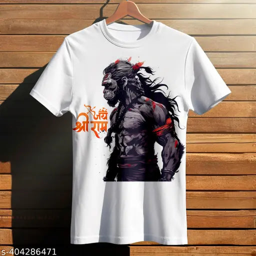 White polyester Hanuman ji graphic printed T-shirt for men, featuring vibrant design & short sleeves, perfect for religious ceremonies or casual wear. Made in India