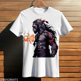 White polyester Hanuman ji graphic printed T-shirt for men, featuring vibrant design & short sleeves, perfect for religious ceremonies or casual wear. Made in India