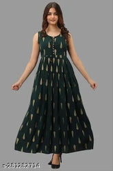 Green rayon anarkali kurta with printed bottle design and tilak, sleeveless, single size options available (M-XXL)