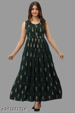Green rayon anarkali kurta with bottel print and sleeveless design, suitable for M (Bust 38", Size Length 48"), L (Bust 40", Size Length 48"), XL (Bust 42", Size Length 48"), XXL (Bust 44", Size Length 48"). Made in India