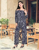 Navy Blue Off-Shoulder Crepe Jumpsuit by SHIVAYA SE - Women's Printed Zebra Long Jumpsuit with Full Sleeves and Two Pockets - Pack of 1 (Navy, Size S)