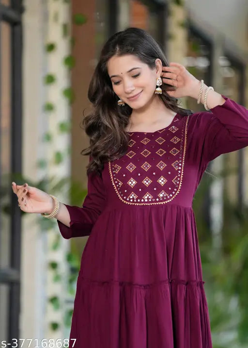 Rayon printed Anarkali gown for women and girls, embroidered three-quarter sleeve fashion on model, Indian traditional dress available in various sizes