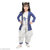 White checked cotton kurta salwar for girls partywear with coti set - Indian ethnic kids wear, 3-4 years size: top length 19in, bottom length 21in