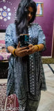 Printed rayon kaftan & palazzo set for women, round neckline with lace detailing and puffed sleeves. Includes matching garara pant, embellished with zari lace. Comes with gold alloy earrings and Kohlapuri juttis, perfect for wedding events