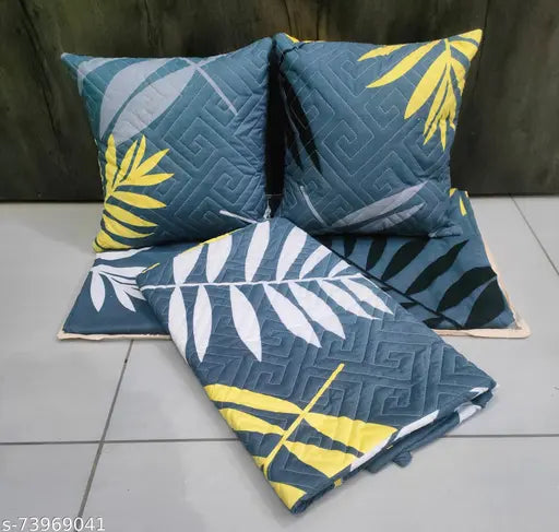 Glace cotton botanical print queen size double bed sheet set with 2 quilted pillow covers & 5 cushions, ideal for summer use