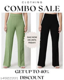 Stylish high-waist cotton blend bell bottom trousers for women, 2-piece combo in solid color