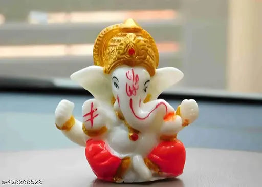 Red and white resin Ganesh idol, 23X23 inch FabRay Marble Powder Lord Ganesha statuette for home decor or puja gifting