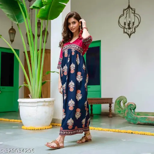 Gold polka print rayon Anarkali kurti for women's ethnic wear, trendy festival and party gown