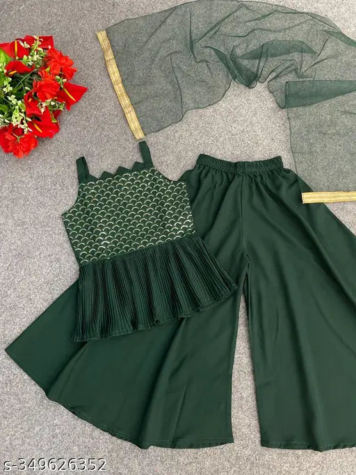 Embroidered art silk Kids Sarara suit with dupatta, A-line palazzos, perfect for festive and party wear. Sizes: 4-5yrs, 5-6yrs, 6-7yrs, etc