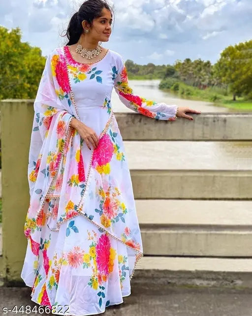 White Georgette full sleeve ankle length flower printed ethnic western gown for parties and home wear with aline full flared dupatta and inner, suitable for various occasions
