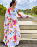White Georgette full sleeve ankle length flower printed ethnic western gown for parties and home wear with aline full flared dupatta and inner, suitable for various occasions