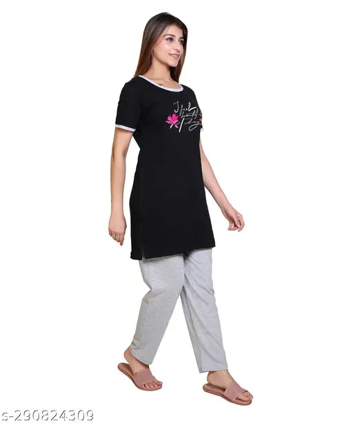 Cotton blend women's summer half-sleeve night suit with self-design flower print, round neck, available in M, L, XL, XXL, XXXL sizes