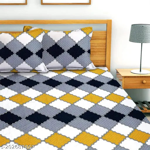 Microfiber checked fitted bedsheet with 2 pillow covers, fits upto 6 inch mattress (70 x 76 inches), ideal for summer and adults