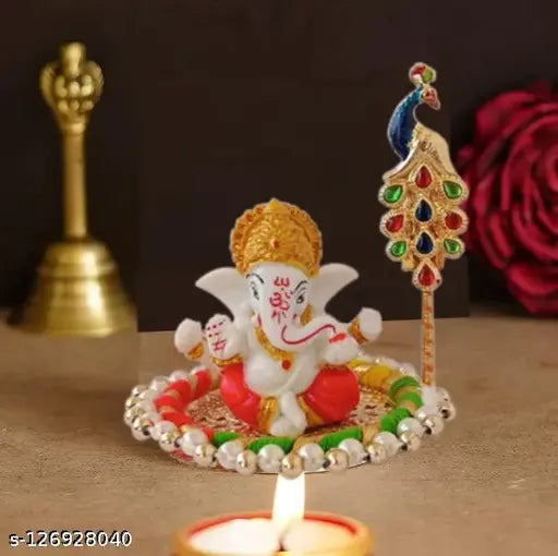 Silver plated white terracotta Ganesh idol with golden plate and free Tilak Stick, decorative car dashboard showpiece (10cm x 10cm x 10cm)