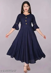 Navy blue rayon Akarsha Anarkali kurti with three-quarter sleeves, solid design for Indian women's fashion