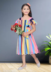 Multicolor girls' party wear cotton blend frock, knee-length, short sleeves (sizes: 6-12 months - 10 years) - Indian-made, high-quality stitching, designer unique design