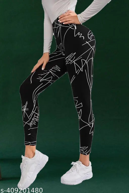Black printed lycra jeggings for women's sports wear, abstract design, full-length bottom, comfortable elastic waist