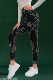 Black printed lycra jeggings for women's sports wear, abstract design, full-length bottom, comfortable elastic waist