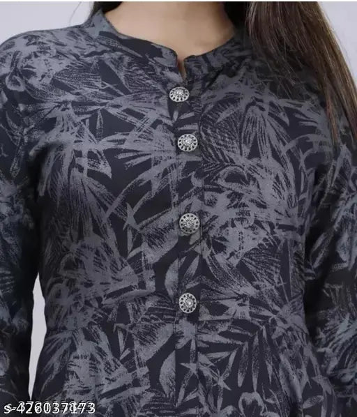 Black rayon three-quarter sleeve kurti, printed combo by Cham cham. Indian women's fashion wear on hanger