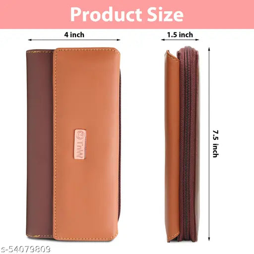 Faux leather casual clutch, colorblock design, multiple compartments. Free size, Indian-made women's wallet on table