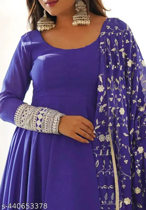 Georgette embroidered women's gown with dupatta, traditional Indian ethnic wear in solid colors